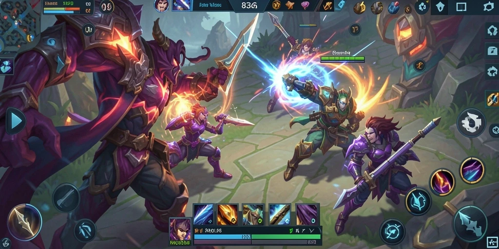 Screenshot gameplay 8364 menampilkan pertempuran epik antar hero.