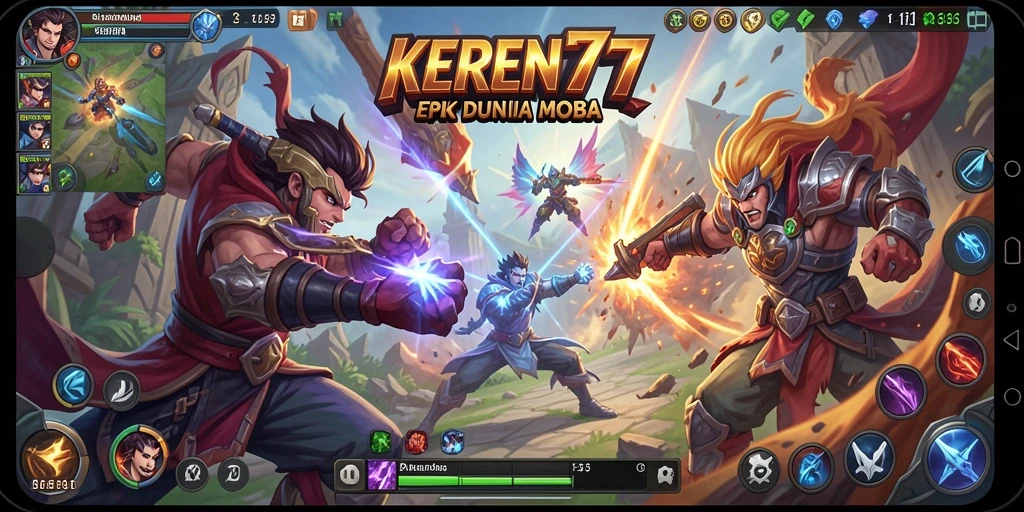 Menampilkan aksi penuh di arena pertempuran MOBA.