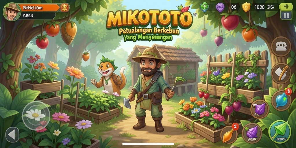 Tampilan gameplay MIKOTOTO yang menampilkan suasana berkebun yang asri.