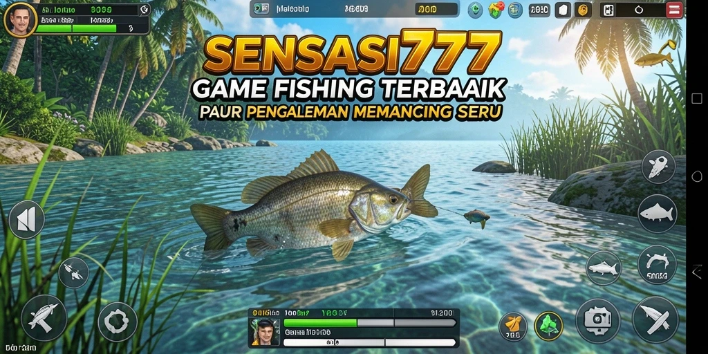 Screenshot SENSASI777 menampilkan momen seru saat menangkap ikan di danau.