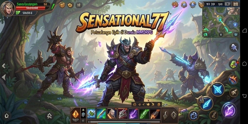 Screenshot gameplay SENSATIONAL77 menampilkan pertarungan epik di dunia MMORPG.