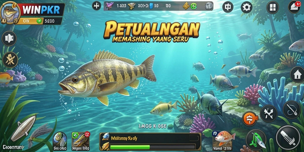 Tampilan gameplay WINPKR saat menangkap ikan di laut biru.